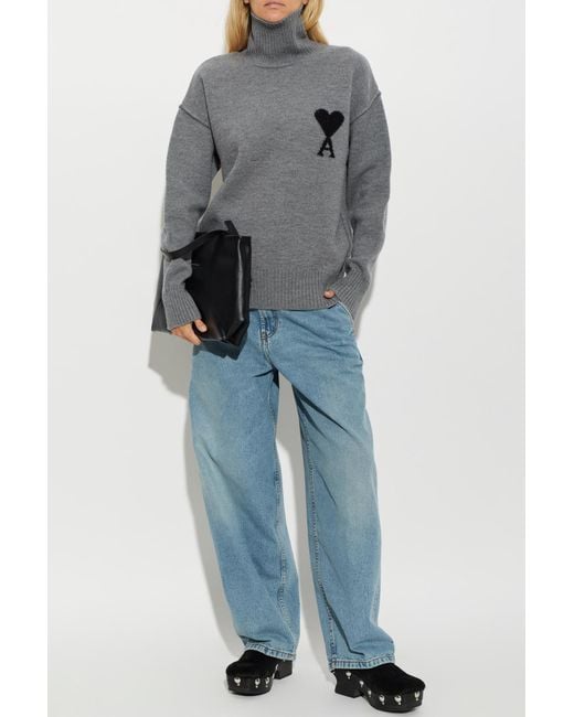 AMI Gray Wool Turtleneck With Logo