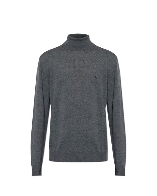 Etro Gray Wool Turtleneck With Embroidered Logo for men