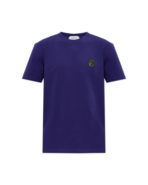Versace Blue Cotton T-Shirt With Patch for men