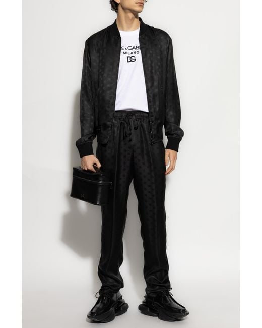 Dolce & Gabbana Black Silk Trousers With Monogram for men