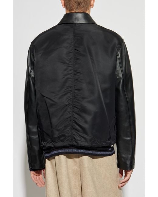 Loewe Black Leather Jacket With Embossed Logo On The Pocket for men