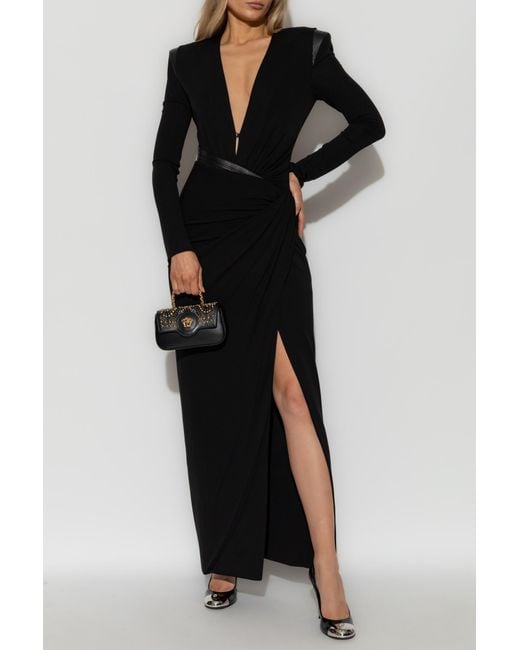Versace Black Long Dress With Leather Inserts