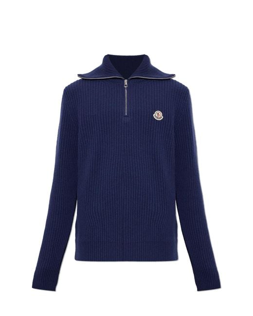 Moncler Blue Wool Turtleneck With Logo Patch for men
