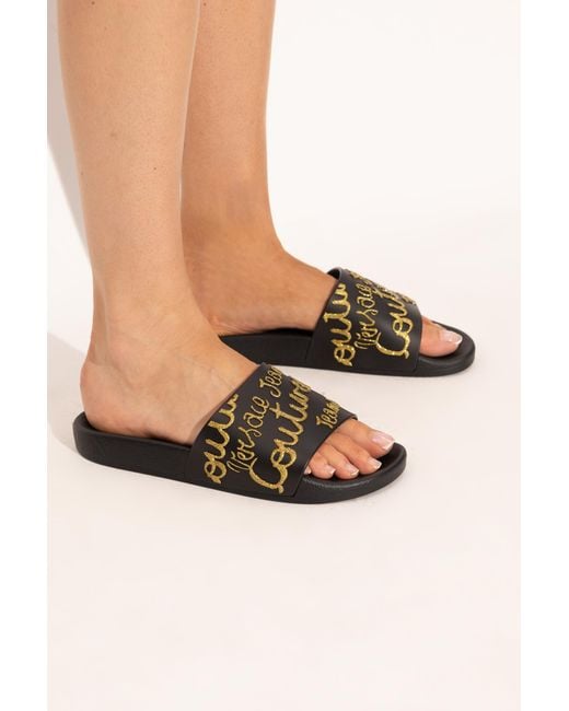 Versace Jeans Couture Black Rubber Slides With A Logo And Glitter Finish