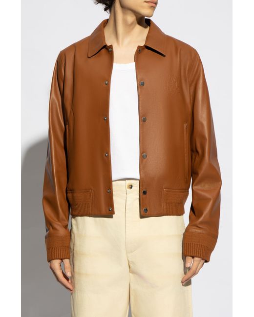 Amiri Brown Leather Jacket With Logo, for men