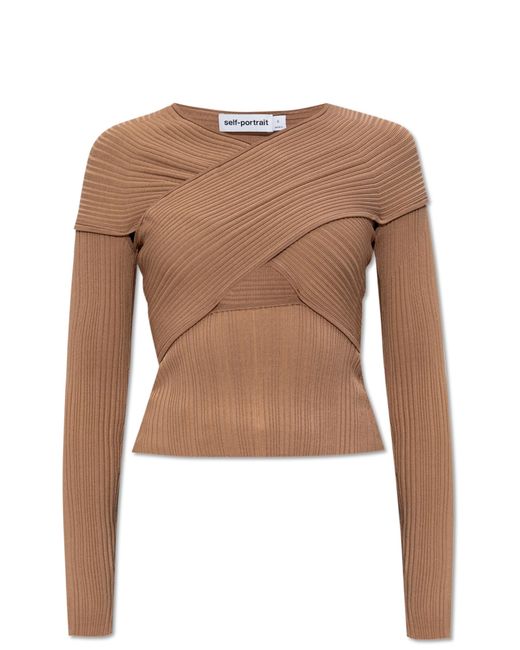 Self-Portrait Brown Ribbed Top With Long Sleeves