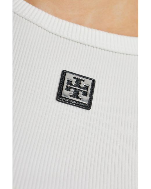 Tory Burch White Ribbed Top With Logo Patch