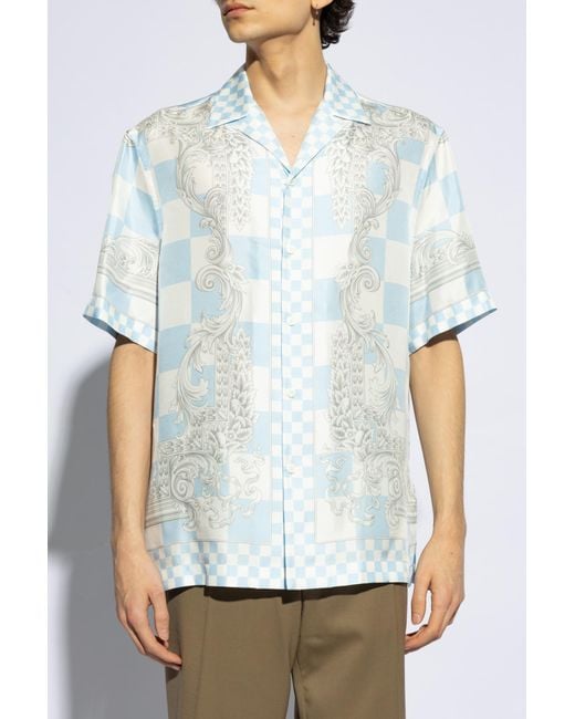 Versace Blue Silk Shirt With Short Sleeves, for men