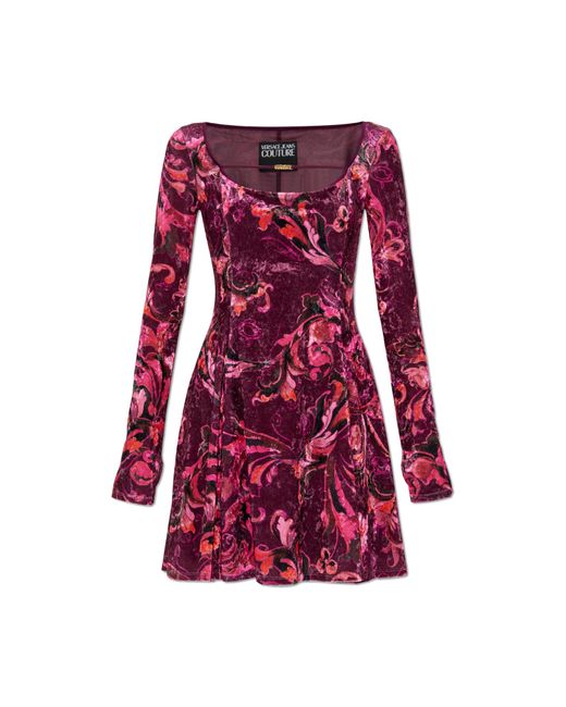 Versace Jeans Couture Red Velvet Dress With Long Sleeves