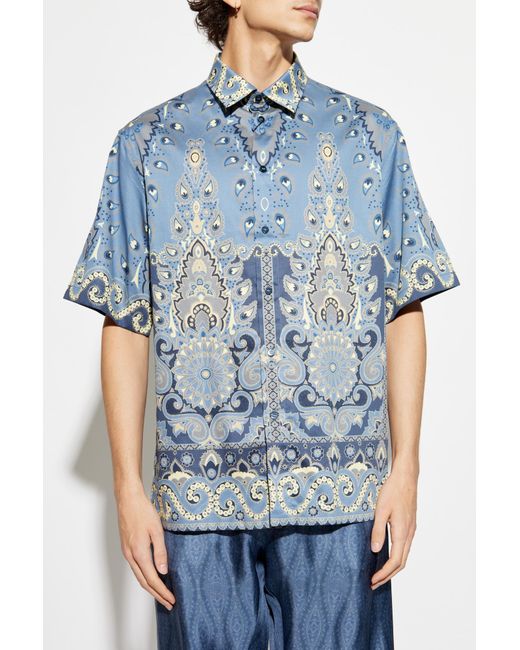 Etro Blue Cotton Short-Sleeve Shirt for men