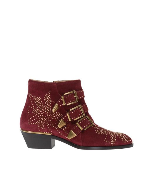 Chloé Red 'susanna' Studded Heeled Ankle Boots
