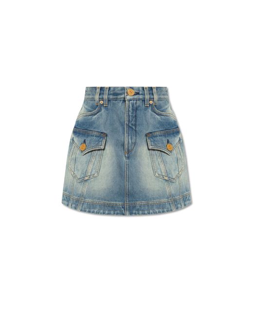 Balmain Blue Mini Denim Skirt With Vintage Effect,