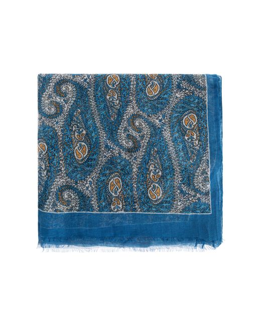 Etro Blue Patterned Scarf With Raw Finish
