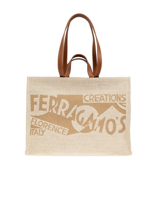 トートバッグ Salvatore Ferragamo Camel Raffia Small Tt Sign Shopping Bag Ferragamo Shopper Bag 'Sign Large' in Natural | Lyst