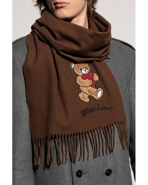 Moschino Brown Wool Scarf With A Distinctive Bear Motif