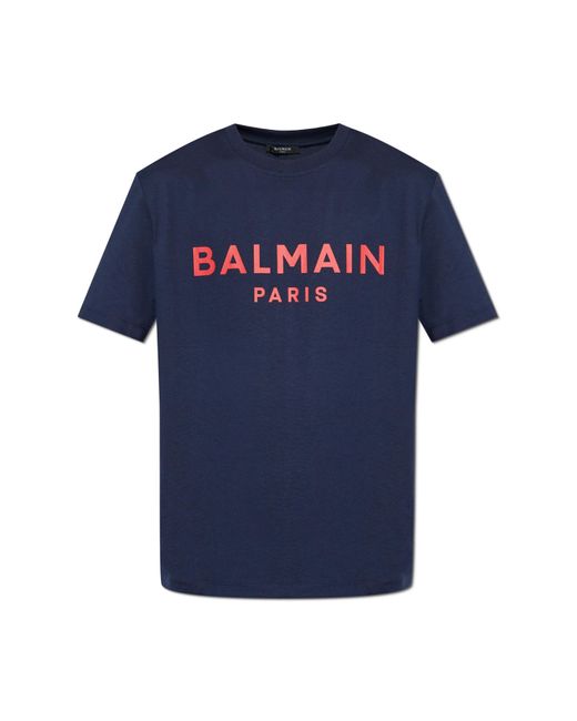 Balmain Blue T-Shirt With Printed Logo for men