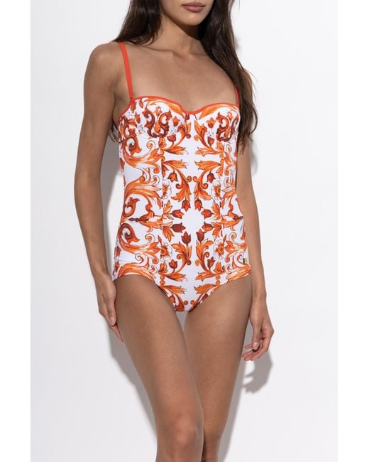 Dolce & Gabbana Red One-Piece Swimsuit With 'Majolica' Print