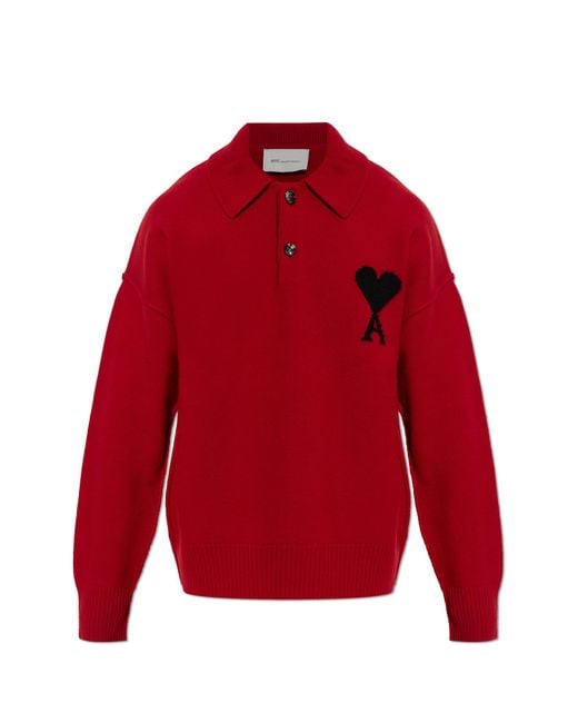 AMI Red Wool Long-Sleeve Polo for men