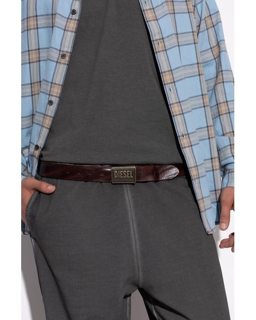DIESEL Brown Leather Belt Logo B-Metal" for men