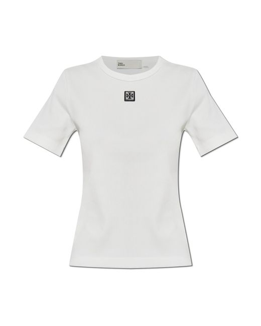 Tory Burch White Ribbed Top With Logo Patch
