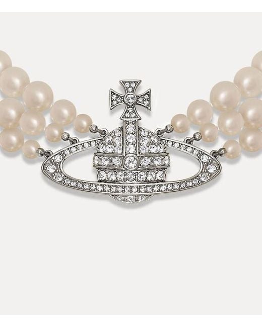 Vivienne Westwood White Three Row Pearl Bas Relief Choker Swarovski Pearls