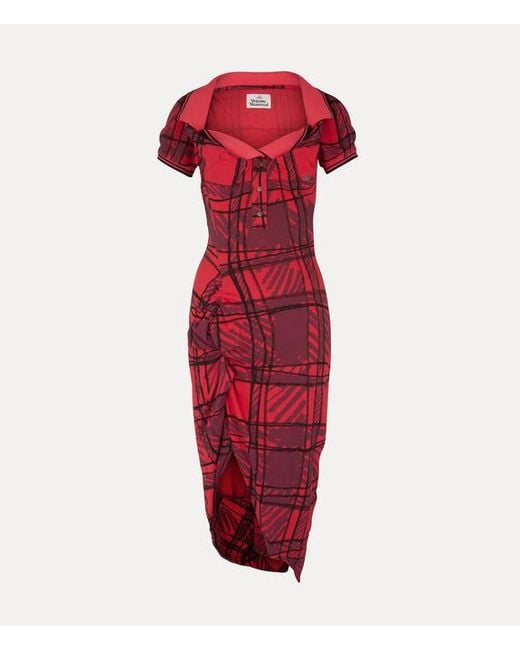 Vivienne Westwood Red Long Monday Pulling Dress Overprinted Piquet