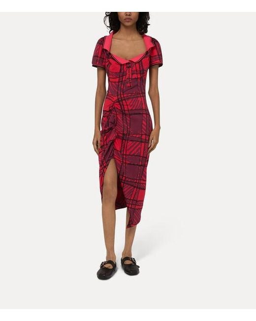 Vivienne Westwood Red Long Monday Pulling Dress Overprinted Piquet