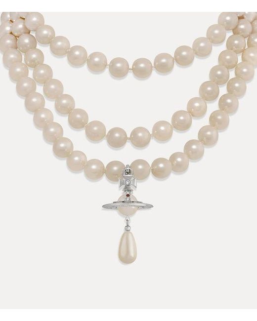 Vivienne Westwood White Three Row Pearl Drop Choker Brass