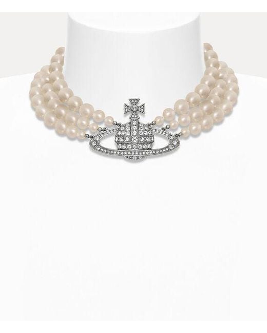 Vivienne Westwood White Three Row Pearl Bas Relief Choker Swarovski Pearls