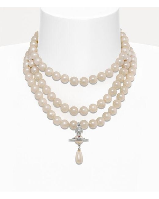 Vivienne Westwood White Three Row Pearl Drop Choker Brass