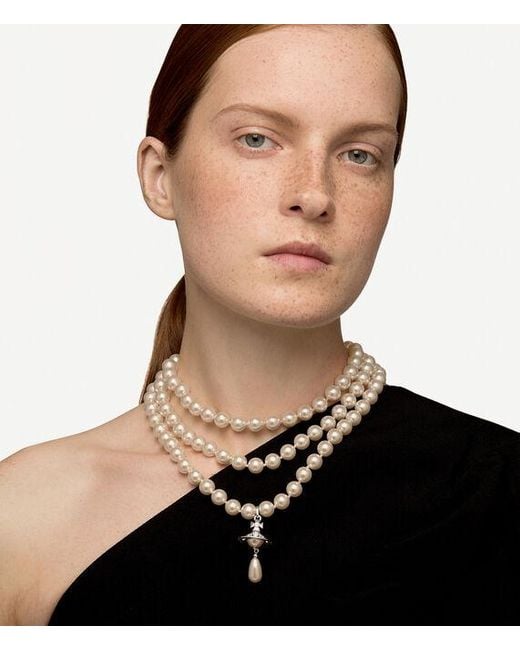 Vivienne Westwood White Three Row Pearl Drop Choker Brass