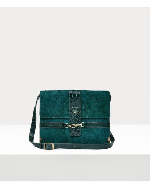 Vivienne Westwood Green Bella Horsebit Flap M Croc And Hair Suede Teal
