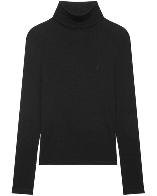 Saint Laurent Black Cassandre-Embroidered Roll-Neck Jumper for men