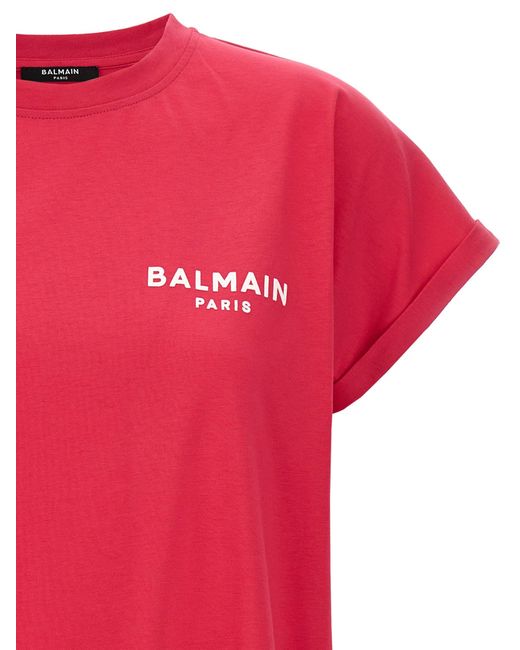 Flocked Logo T Shirt Fucsia di Balmain in Pink