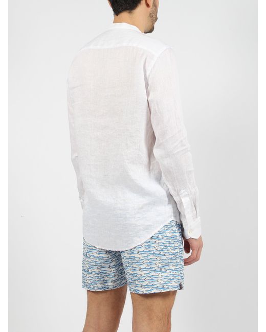 Brian Dales White Mandarin Collar Linen Shirt for men