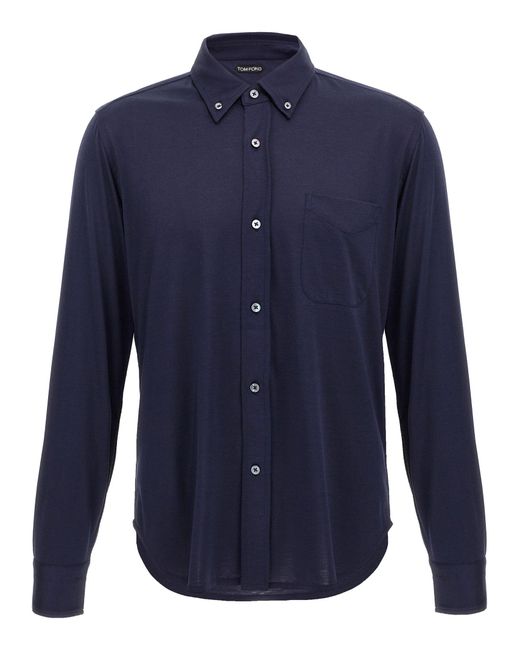 Tom Ford Blue Silk-Cotton Blend Button-Down Shirt for men
