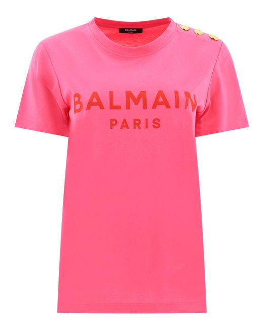 Balmain Pink Logo T-Shirt With Buttons