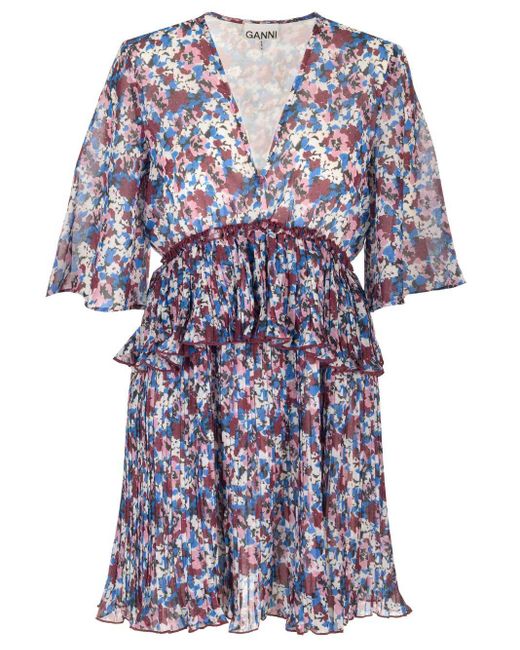 Ganni Blue Printed Georgette Mini Dress Dresses