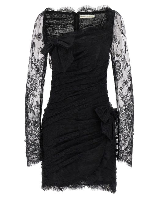 Alessandra Rich Black Draped Lace Mini Dress With Plunging Neckline