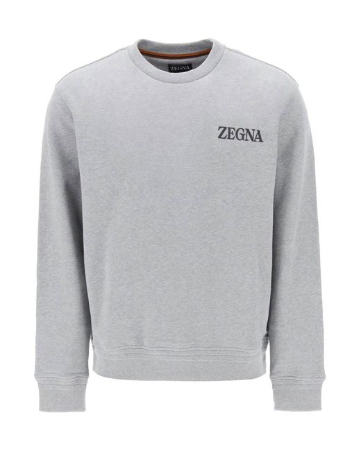 Zegna Gray Crew-Neck Sweatshirt With Flocked Logo for men