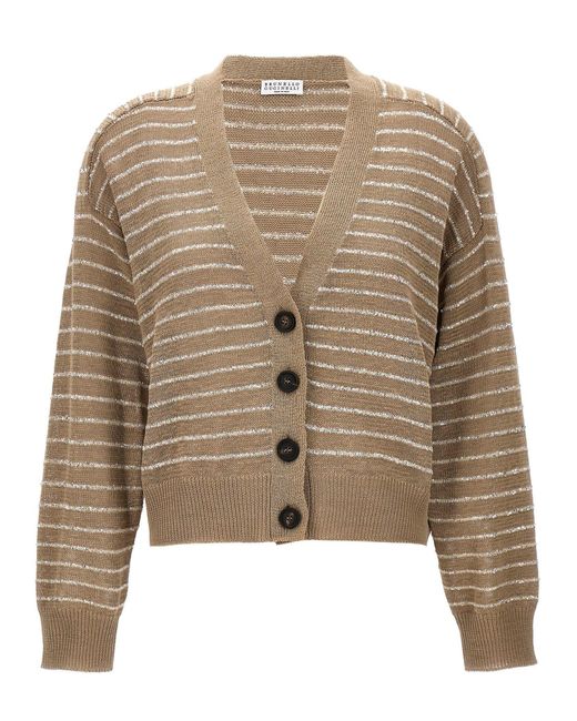 Brunello Cucinelli Sequin Striped Cardigan Sweater in Brown | Lyst