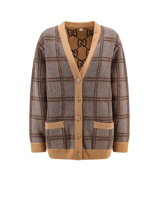Cardigan in lana con motivo madras di Gucci in Brown