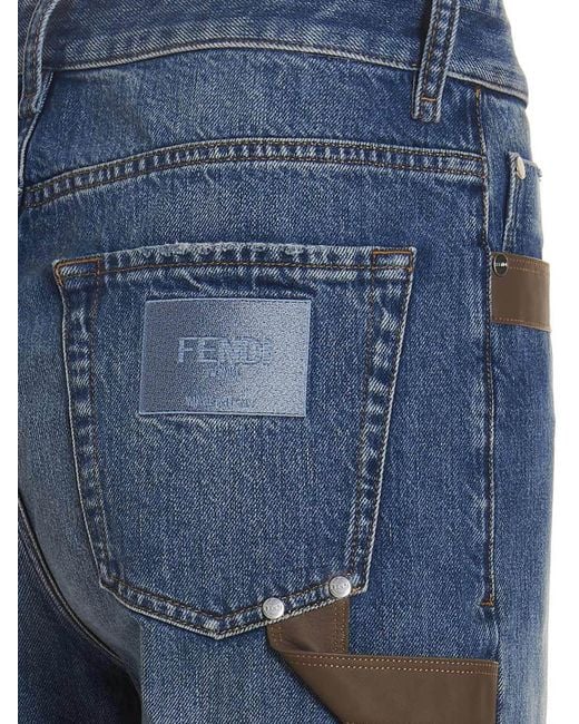 Fendi Blue Leather Detail Jeans for men