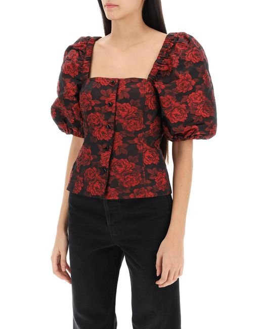 Ganni Red Blouse In Floral Jacquard