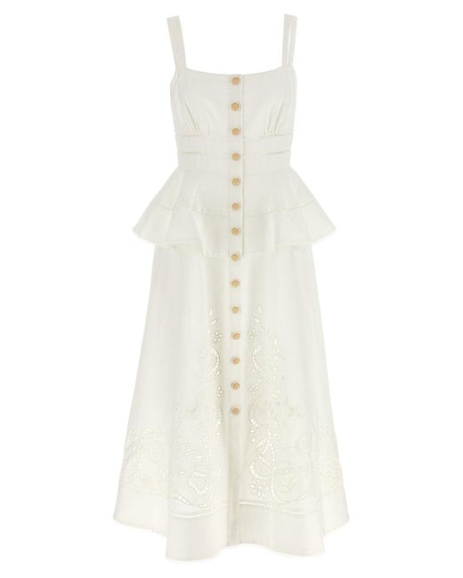 Cream Linen Peplum Midi Abiti Bianco-Donna di Self-Portrait in White