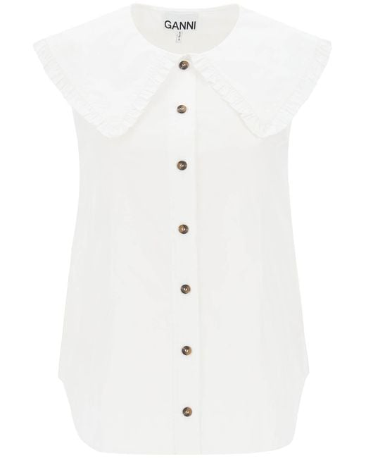Ganni White Sleeveless Shirt With Maxi Collar