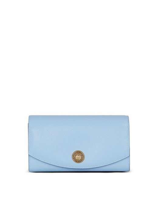 Balmain Blue Embleme Wallet On Chain-Grained Calfskin