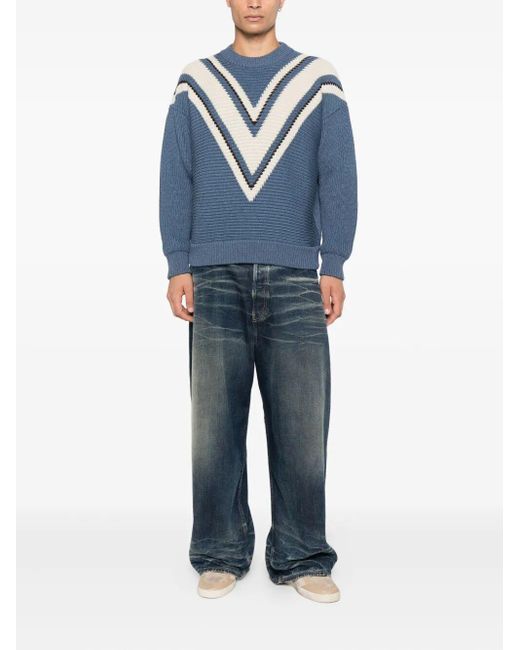 Golden Goose Deluxe Brand Blue Jacquard Wool Sweater With Cream-Colored Pattern for men