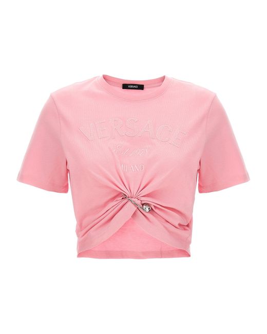 T-Shirt Con Dettaglio Spilla Medusa di Versace in Pink