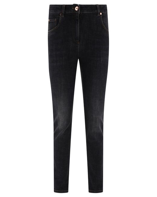 Brunello Cucinelli Black Jeans With Shiny Leather Tab